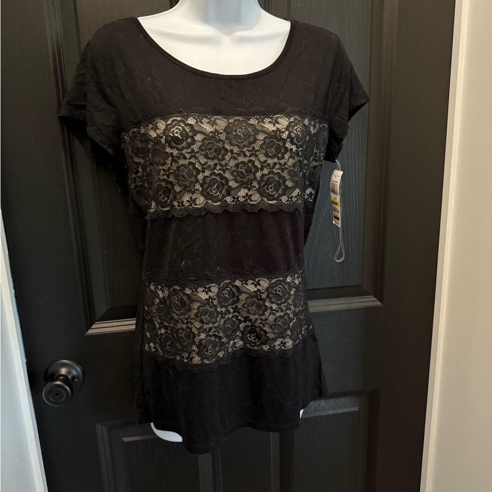INC International Concepts Black Lace Panel Short Sleeve Tee